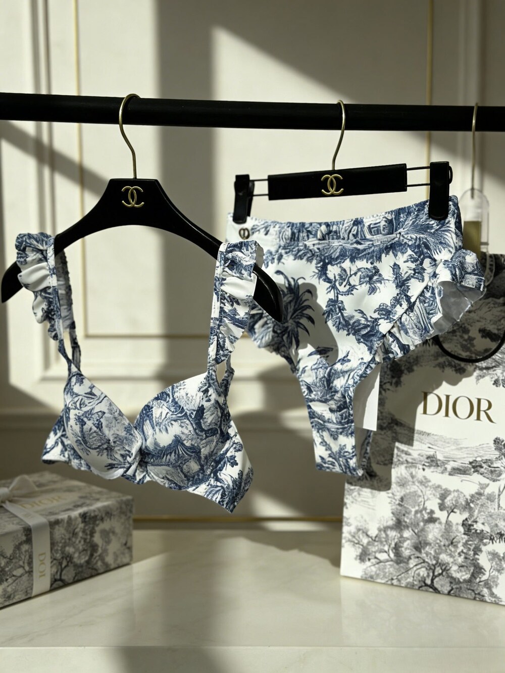 Dior Blue Toile de Jouy Ruffled Bikini Set